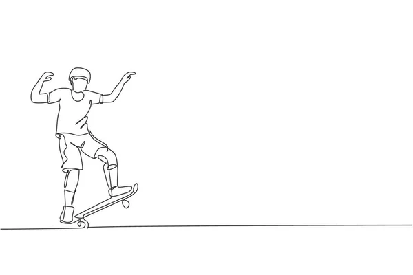 One Single Line Drawing Young Skateboarder Man Exercise Riding Skateboard — Stock Vector