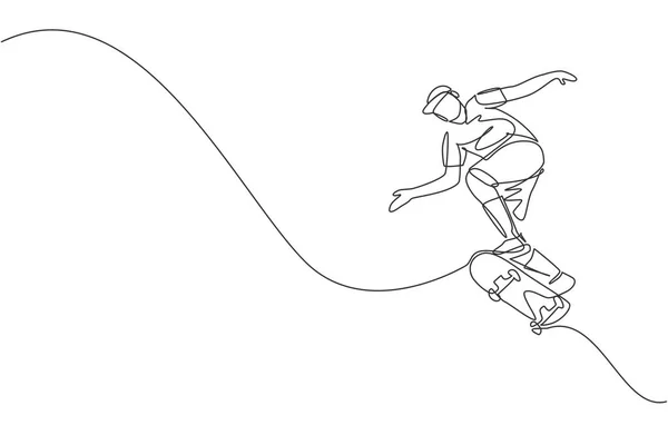 スケートボードに乗って スケートパークでトリックを行うにジャンプする若いクールなスケートボーダーの男の1つの連続線画 極端なティーンエイジャーのスポーツの概念 ダイナミックシングルラインドローデザインベクトルイラスト — ストックベクタ