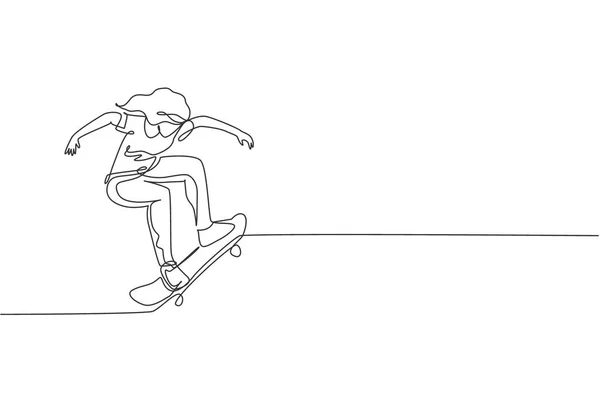 一个连续画直线的年轻酷滑板女子骑滑板在滑板上做了一个小把戏 极端青少年体育概念 动态单行绘图图形设计矢量插图 — 图库矢量图片
