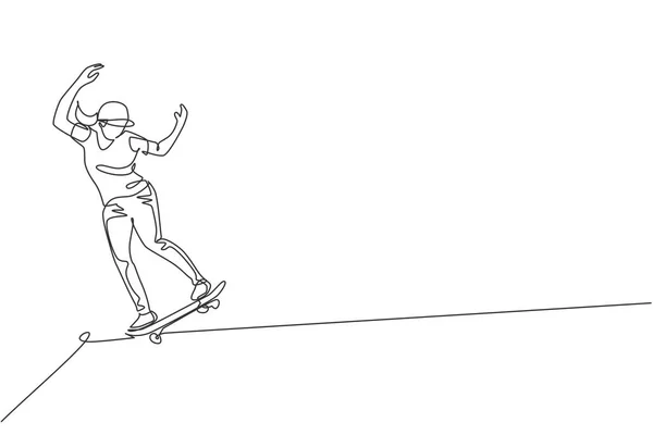 Uma Linha Contínua Desenho Jovem Skate Legal Homem Andar Skate — Vetor de Stock