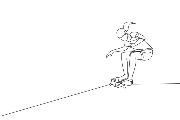 Linha Única Contínua Desenho Jovem Skatista Legal Mulher Andar Skate — Vetor de Stock