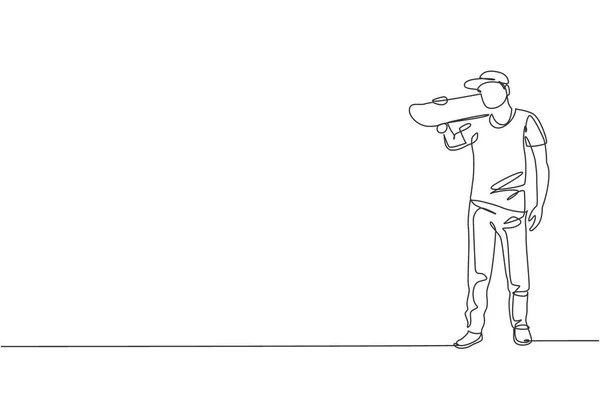 Dessin Ligne Continue Jeune Homme Skateboard Cool Tenant Skateboard Épaule — Image vectorielle