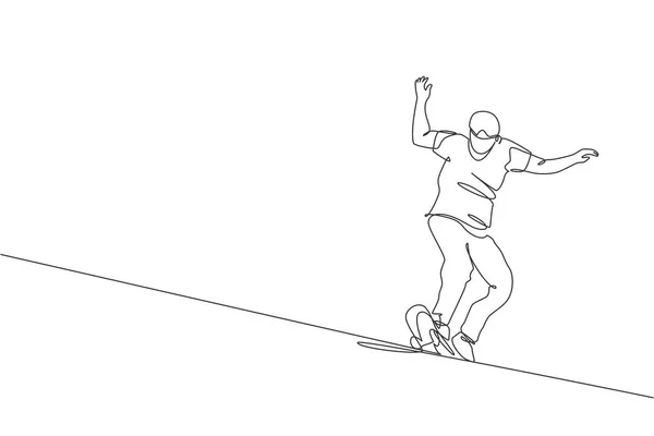 Uma Única Linha De Desenho Jovem Enérgico Snowboarder Homem