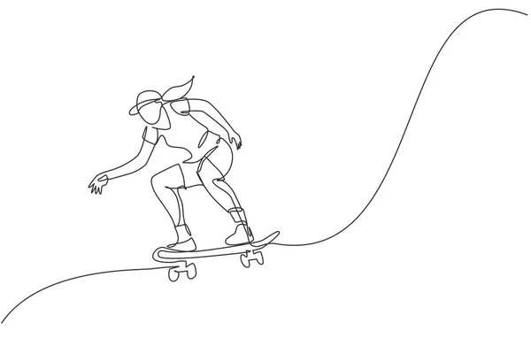 一个单行画的年轻滑板女子练习滑板在城市街道上的病媒说明 青少年生活方式和极端户外运动的概念 现代连续线条绘图设计 — 图库矢量图片