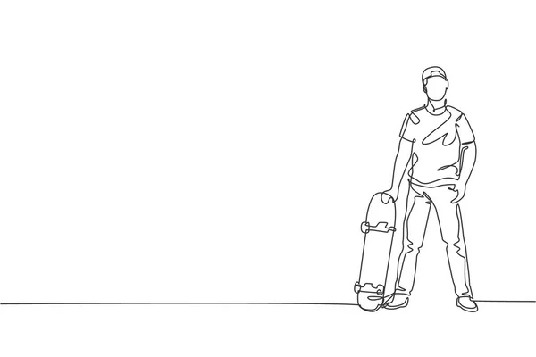 Een Enkele Lijn Tekening Van Jonge Skateboarder Man Met Skateboard — Stockvector