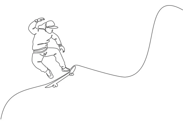 Único Desenho Linha Jovem Skatista Legal Homem Montando Skate Pulando — Vetor de Stock