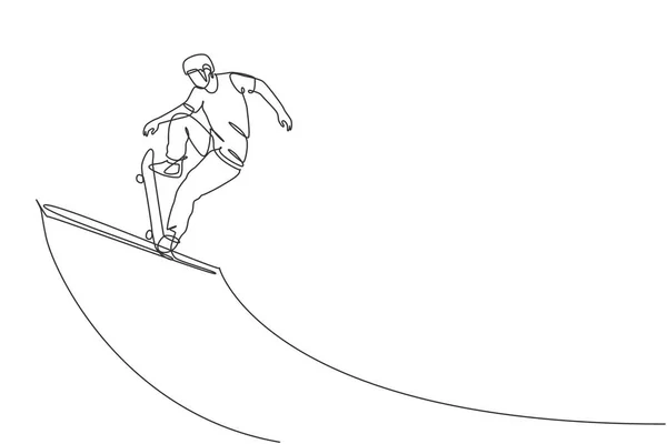 Disegno Singola Linea Giovane Skateboarder Uomo Esercizio Equitazione Skateboard Rampa — Vettoriale Stock