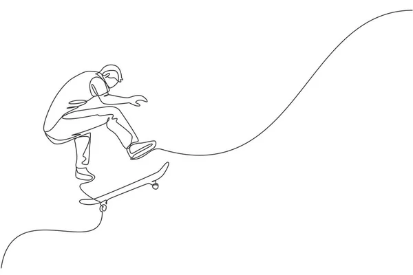 单行连续画线的年轻酷滑板选手骑滑板 并在滑板公园表演跳跃特技 实践户外运动的概念 趋势单行绘图设计矢量插图 — 图库矢量图片