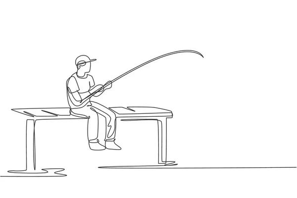 Eine Durchgehende Linienzeichnung Eines Jungen Glücklichen Fischers Der Große Forellenfische — Stockvektor