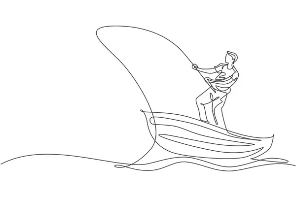 一个年轻渔夫高兴地站在湖面上 在木船上钓鱼的连续线条画了下来 钓鱼业余爱好度假的概念 动态单行绘图设计矢量插画 — 图库矢量图片