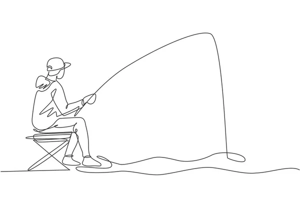 Uma Única Linha Desenhando Jovem Pescador Feliz Sentado Relaxar Voar —  Vetores de Stock