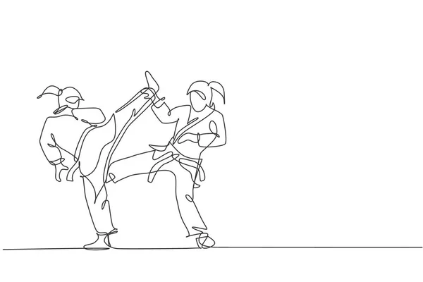 Desenho Linha Contínua Duas Jovens Talentosas Meninas Karateka Treinar Pose —  Vetores de Stock