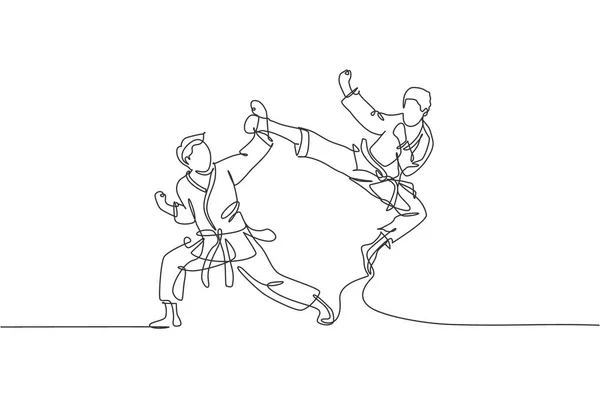 Einzelne Durchgehende Linienzeichnung Eines Jungen Selbstbewussten Karateka Kimono Der Karate — Stockvektor