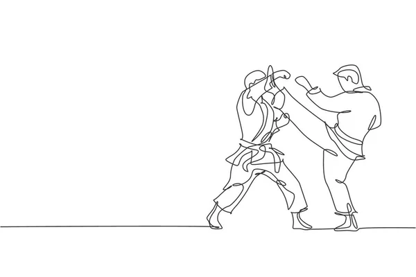Dibujo Una Sola Línea Dos Jóvenes Karateka Deportistas Uniforme Lucha — Vector de stock