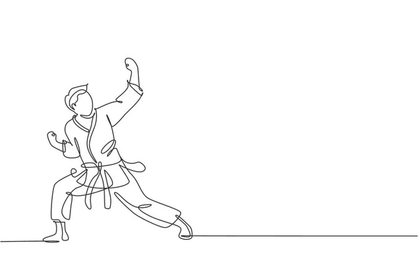 Jedna Čára Kreslení Mladého Sportovního Karateka Muže Bojové Uniformě Pásem — Stockový vektor