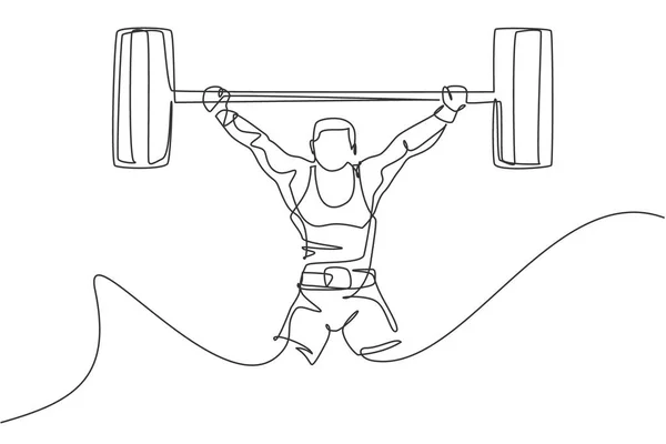 One Single Line Drawing Fit Young Athlete Muscular Man Lifting — Stock Vector