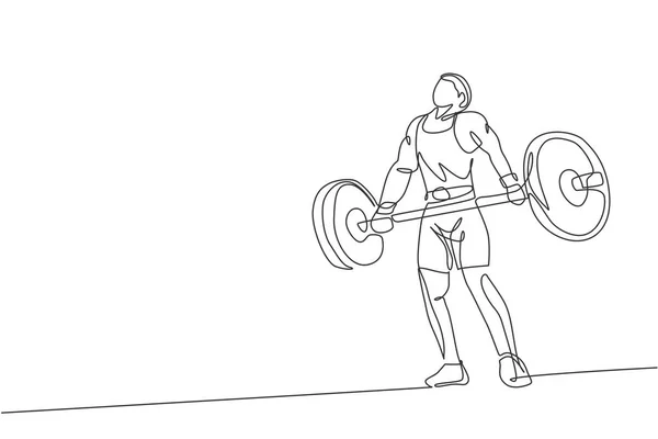 Een Continue Lijn Tekening Van Jonge Bodybuilder Man Doen Oefening — Stockvector