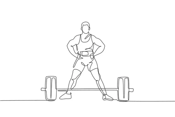 Dessin Ligne Continue Jeune Homme Bodybuilder Faire Exercice Avec Une — Image vectorielle