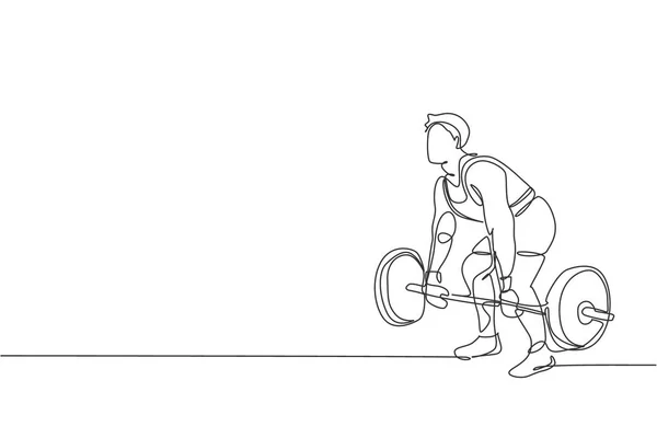 ジムでのベルワークアウトのために準備若い強い重量挙げ男のシングル連続線画 ウェイトリフティングトレーニングコンセプト トレンディーな1行の描画デザイングラフィックベクトルイラスト — ストックベクタ