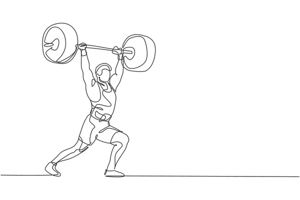 Dessin Ligne Continue Jeune Homme Bodybuilder Faire Exercice Avec Une — Image vectorielle