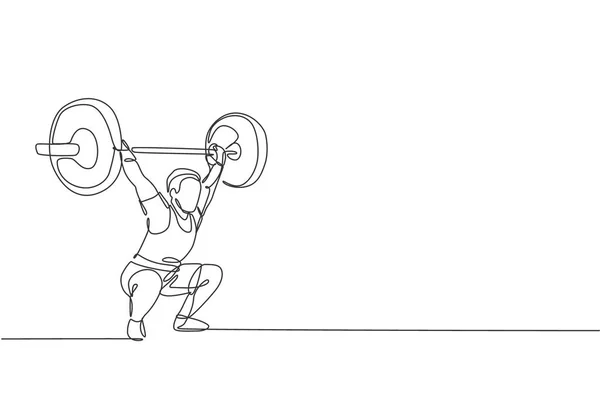 一张适合年轻运动员肌肉男提起杠铃的单行画在体育馆矢量图上 举重运动员准备训练的概念 现代连续线条绘图设计 — 图库矢量图片