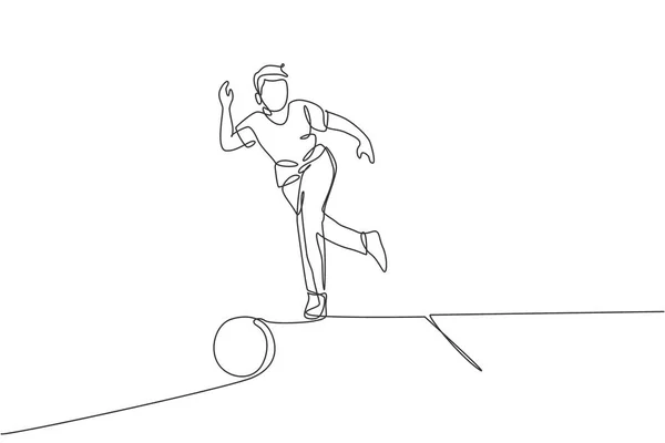 Enkele Continue Lijn Tekening Van Jonge Gelukkig Bowling Speler Man — Stockvector