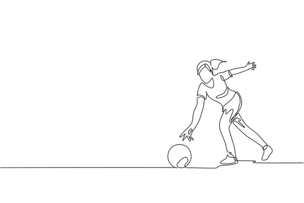 Jednoduchá Souvislá Čára Kreslení Mladý Šťastný Bowling Hráč Žena Házet — Stockový vektor