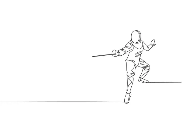一名男子击剑运动员身穿击剑服 在竞技场上运动的单行素描 综合和战斗的体育概念 现代连续线条绘图设计 — 图库矢量图片
