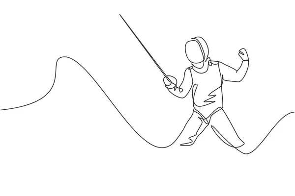 Una Sola Línea Dibujo Joven Atleta Esgrima Traje Esgrima Ejerciendo — Vector de stock