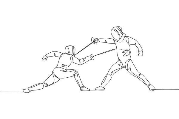 One Single Line Drawing Two Young Men Fencer Athlete Fencing — Stock Vector