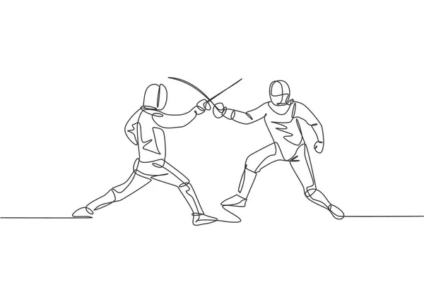 Jeden Rysunek Linii Dwóch Mężczyzn Szermierz Atleta Szermierce Kostium Wykonywania — Wektor stockowy