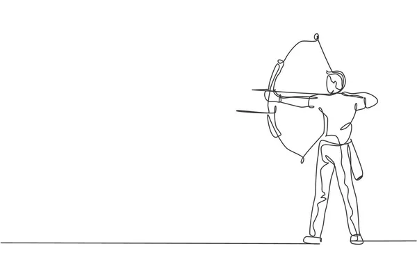Единая Сплошная Линия Рисования Молодых Профессиональных Лучников Нацеленная Цель Стрельбы — стоковый вектор