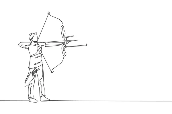 一个年轻弓箭手拉弓射击射箭目标的连续线条绘图 射箭运动训练和锻炼的概念 动态单行绘图设计图形矢量插图 — 图库矢量图片
