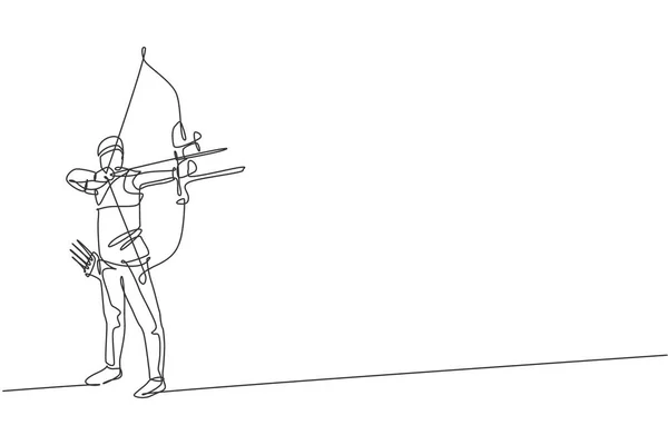 一位年轻弓箭手的单行画集中在练习射箭时击中目标图形矢量图解 健康的茶点射击与弓形运动的概念 现代连续线条绘图设计 — 图库矢量图片