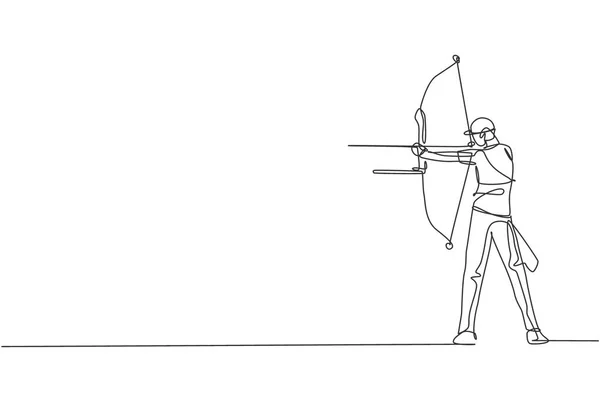 Один Рисунок Линии Молодой Лучник Человек Фокус Осуществления Стрельбы Лука — стоковый вектор