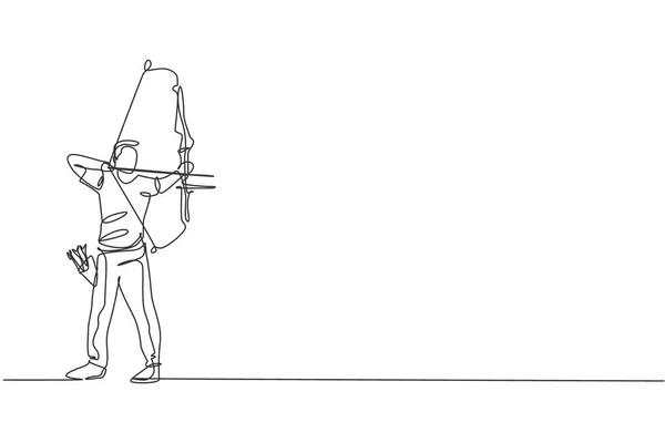 Один Рисунок Линии Молодой Лучник Человек Фокус Осуществления Стрельбы Лука — стоковый вектор