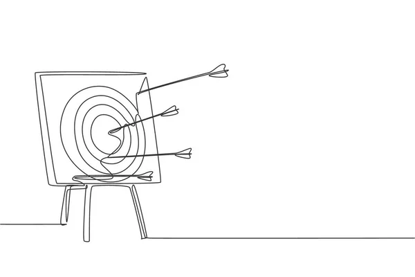 一个连续的箭线画被射向一个射箭靶板 射箭运动训练和锻炼的概念 动态单行绘图设计矢量图形说明 — 图库矢量图片