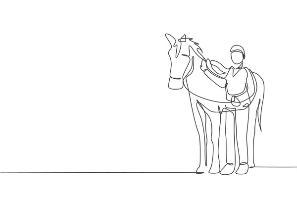 One Continuous Line Drawing Young Horse Rider Man Rubbing Stroking — Stock Vector