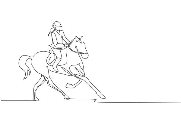 One Continuous Line Drawing Young Horse Rider Woman Action Equine — Stock Vector
