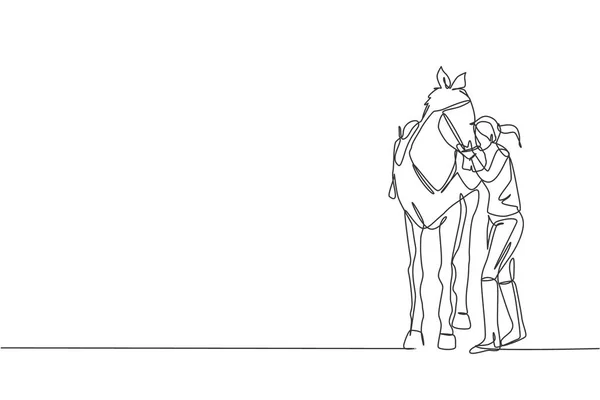 安定したベクトル図で彼女の馬の毛を抱擁し こすり若い馬のライダーの女性を描く一本のライン 馬術スポーツショーの競争の概念 現代の連続線画のデザイン — ストックベクタ