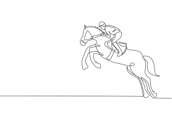 アクションで若い馬のライダーの男の1つの連続線画 レーストラックにジャンプする列車の方程式 馬術競技の概念 ダイナミックシングルラインドローデザイングラフィックベクトルイラスト — ストックベクタ