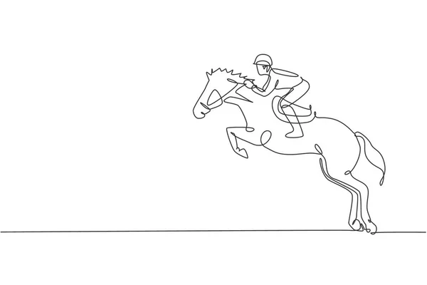 Одна Линия Рисунок Молодого Всадника Выполняющего Выездной Прыжок Тест Векторной — стоковый вектор