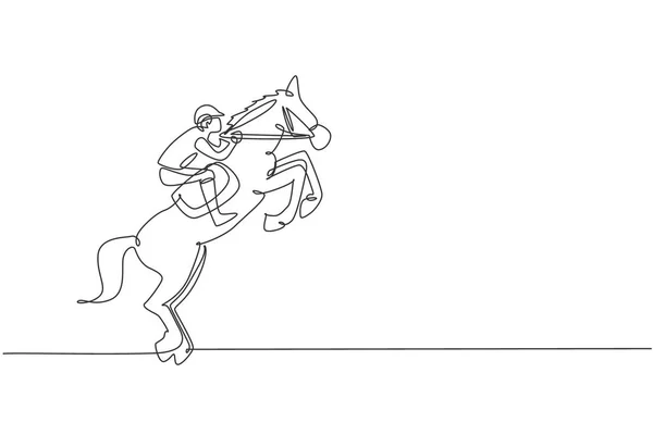 Singolo Disegno Linea Continua Giovane Cavaliere Professionista Tenta Domare Cavallo — Vettoriale Stock