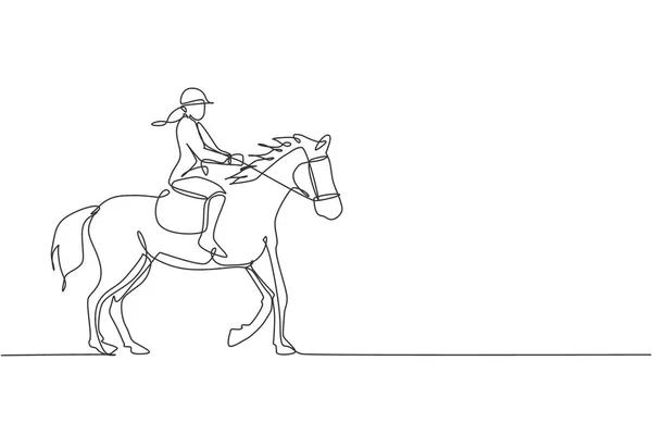 Single Continuous Line Drawing Young Professional Horseback Rider Walking Horse — Stock Vector