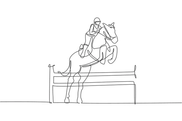 One Single Line Drawing Young Horse Rider Man Performing Dressage — Stock Vector