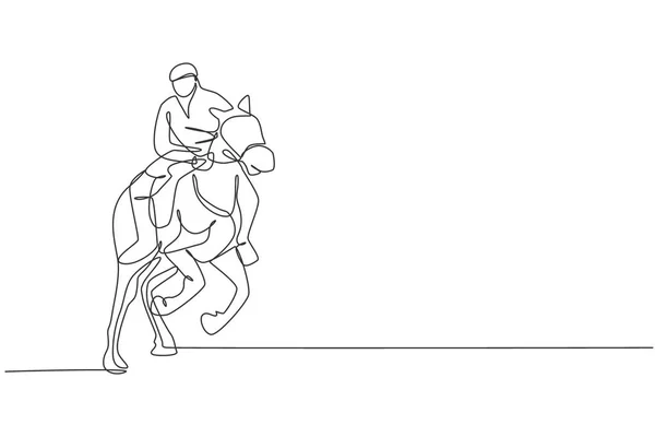 One Continuous Line Drawing Young Horse Rider Man Action Run — Stock Vector