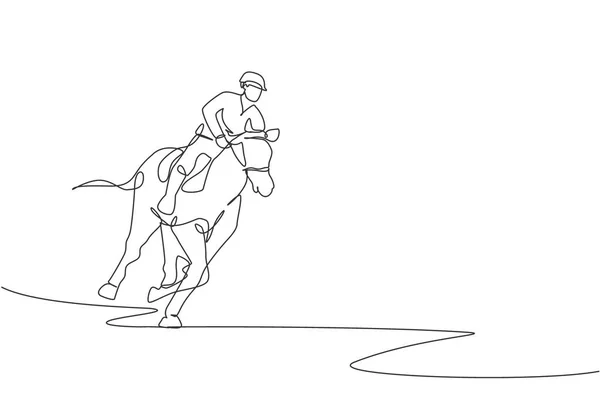 Single Continuous Line Drawing Young Professional Horseback Rider Running Horse — Stock Vector