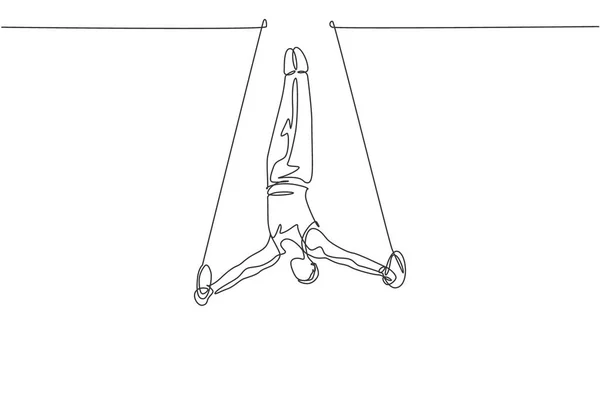 Jeden Ciągły Rysunek Młodego Człowieka Ćwiczącego Stabilne Pierścienie Gimnastyce Gimnastyczka — Wektor stockowy