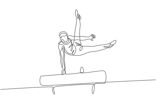 若いハンサムなプロの体操選手を描く単連続線はアクロバティックな動きを実行します ポンメル馬の訓練とストレッチの概念 トレンディーな1行の図面ベクトルグラフィックイラスト — ストックベクタ