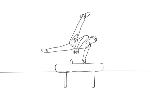 Desenho Linha Contínuo Jovem Que Exerce Cavalo Pommel Ginástica Atleta —  Vetores de Stock